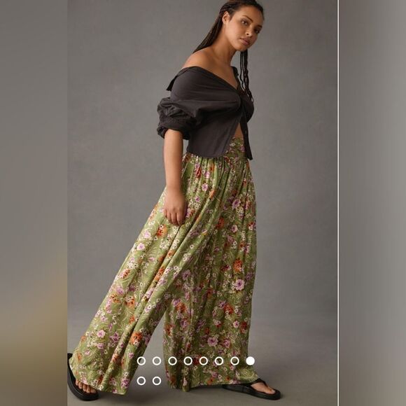 Anthropologie Wide-Leg Floral Pants In Olive Green Size 6 Tall NWT - Picture 8 of 11